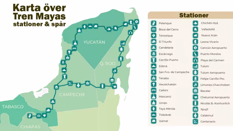 Karta över Yucatanhalvön och Tren Maya
