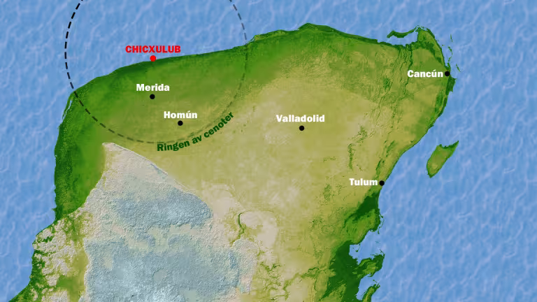 Karta över Yucatánhalvön och Chicxculub-kratern